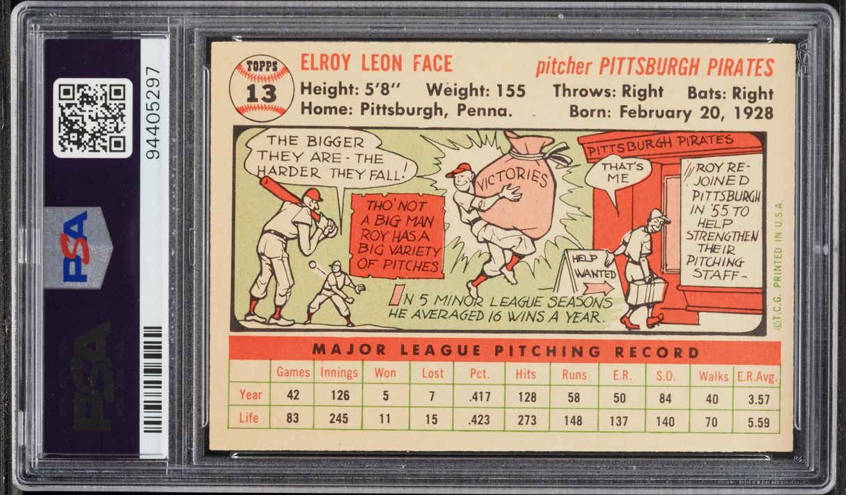 1956 Topps Roy Face WHITE BACK #13 PSA 7 NRMT