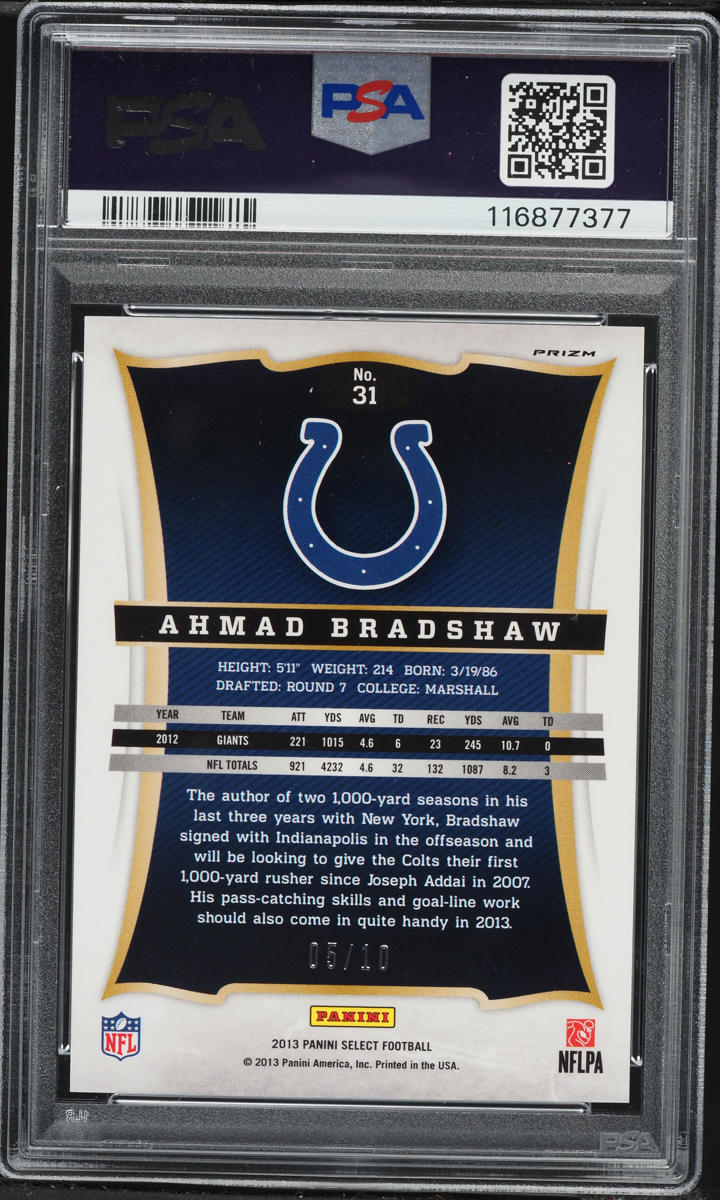 2013 Select Gold Prizm Ahmad Bradshaw /10 #31 PSA 9 MINT - Photo 2