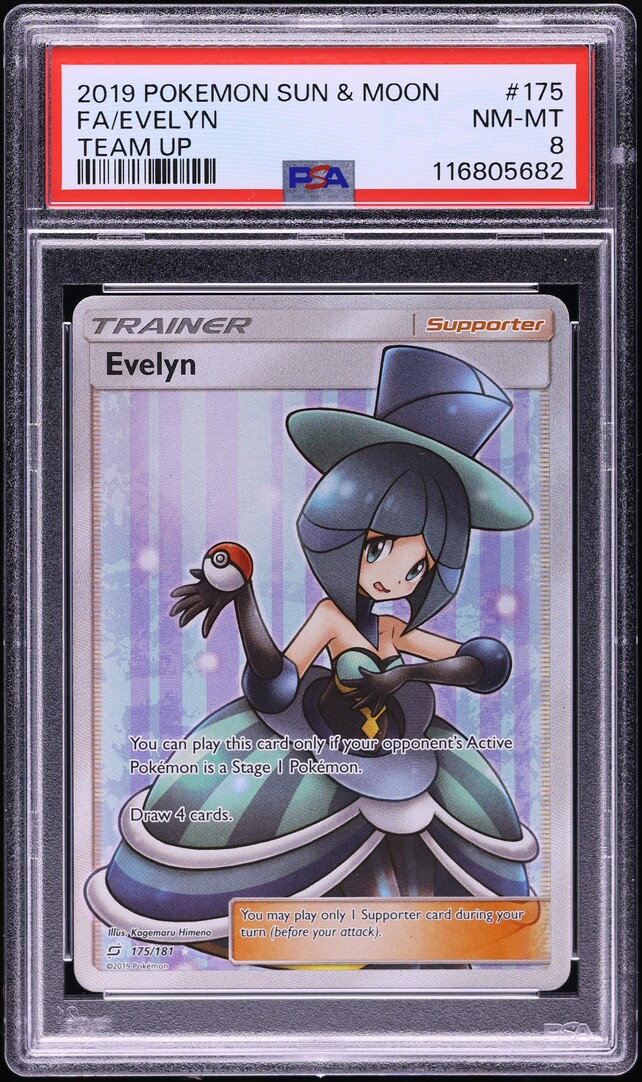2019 Pokemon Sun & Moon Team Up Full Art Evelyn #175 PSA 8 NM-MT