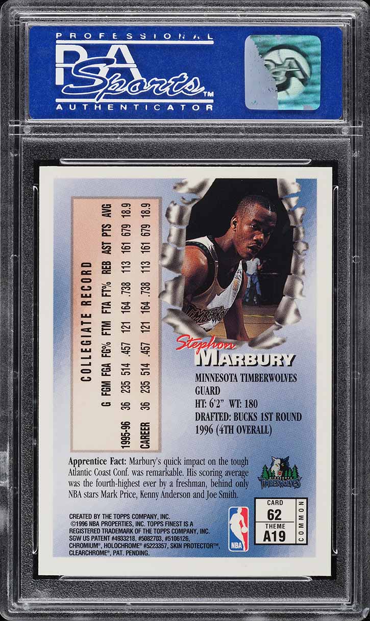 1996 Finest Basketball w/ Coating Stephon Marbury ROOKIE #62 PSA 9 MINT