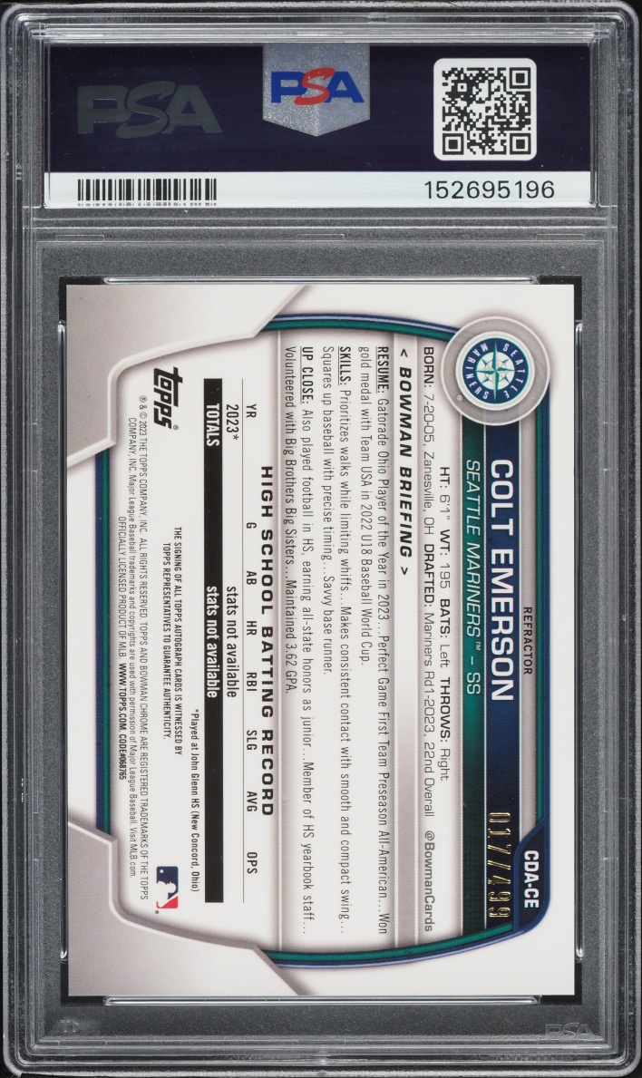 2023 Bowman Chrome Draft Refractor Colt Emerson PROSPECT AUTO /499 #CDA-CE PSA 10 GEM MINT