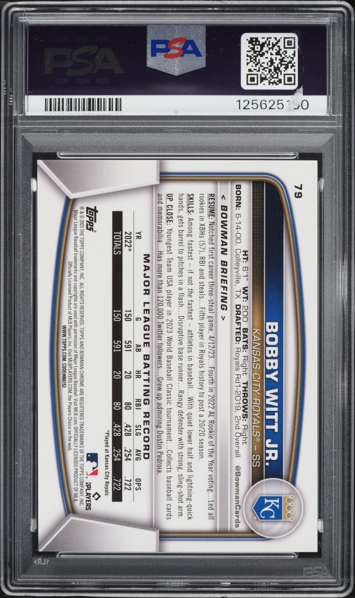 2023 Bowman Chrome Sapphire Orange Refractor Bobby Witt Jr. /75 #79 PSA 9 MINT