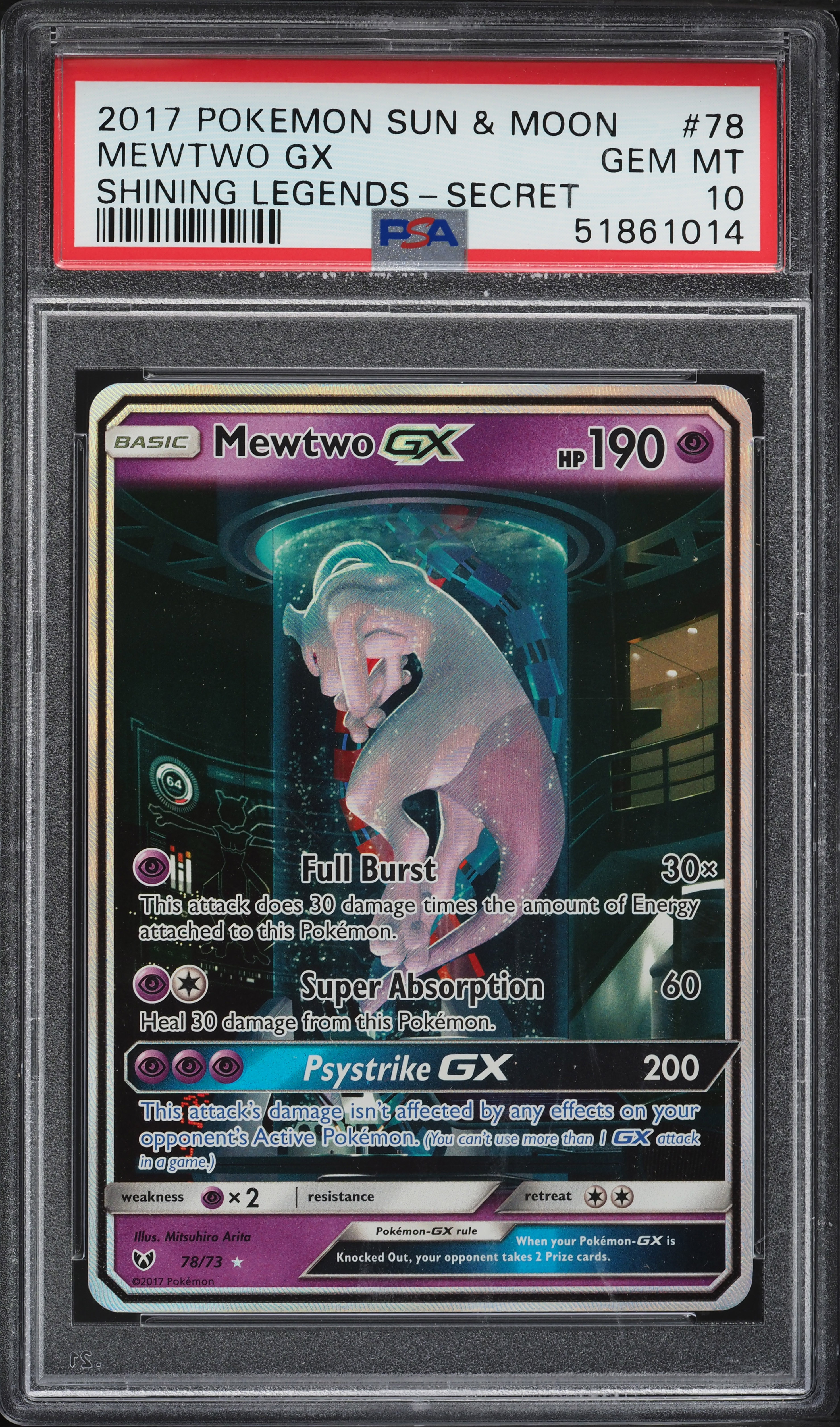 2017 Pokemon Sun & Moon Shining Legends Secret Rare Full Art Mewtwo GX PSA 10