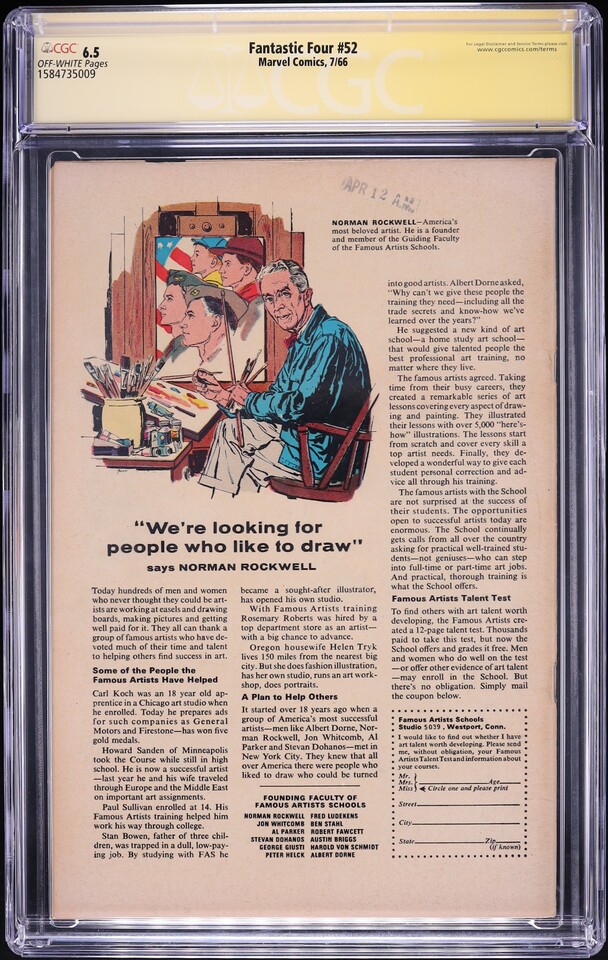 Fantastic Four #52 (Marvel, 1966) CGC Signature Series 6.5 Off-White Pages - Photo 2