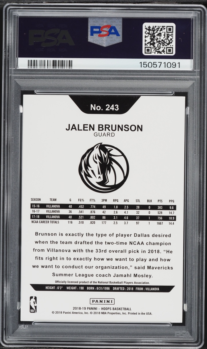 2018 Hoops Jalen Brunson ROOKIE #243 PSA 9 MINT