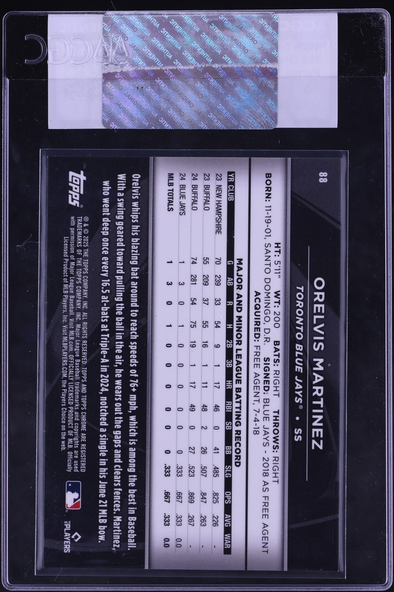 2025 Topps Chrome Black Purple Refractor Orelvis Martinez ROOKIE /75 #88 CGC AUTH