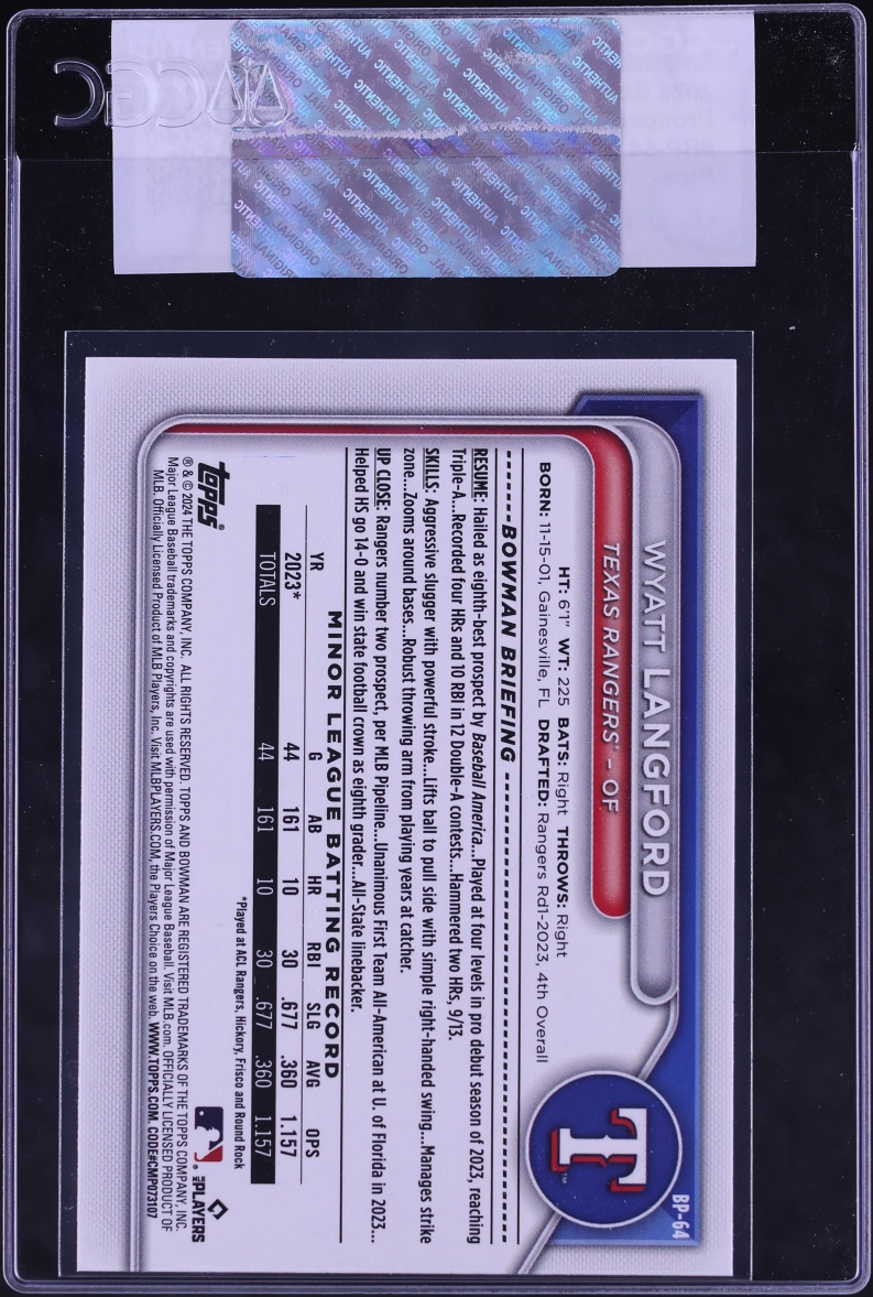 2024 Bowman Pink Wyatt Langford PROSPECT /175 #BP-64 CGC AUTH
