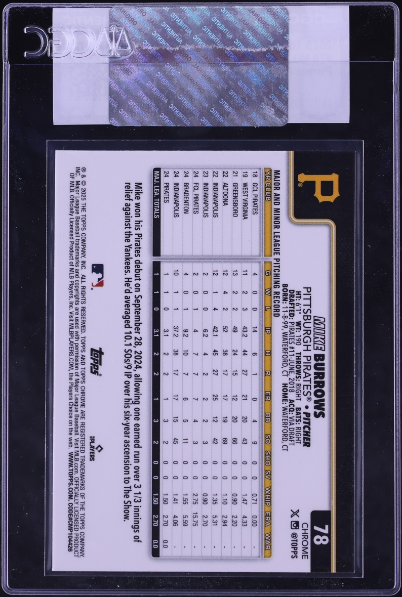 2025 Topps Chrome Purple RayWave Refractor Mike Burrows ROOKIE /250 #78 CGC AUTH