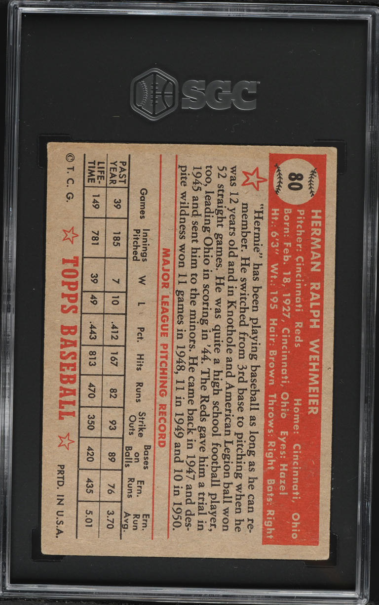 1952 Topps Herman Wehmeier #80 SGC 4 VGEX