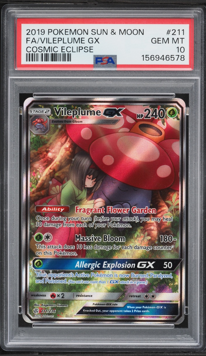 2019 Pokemon Sun & Moon Cosmic Eclipse Full Art Vileplume GX #211 PSA 10 GEM MINT
