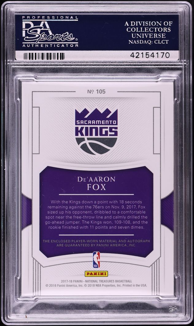 2017 National Treasures De'aaron Fox ROOKIE PATCH AUTO /99 #105 PSA 10 GEM MINT