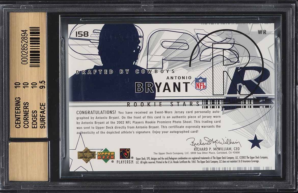 2002 SPx Football Antonio Bryant ROOKIE PATCH AUTO /999 #158 BGS 10 PRISTINE