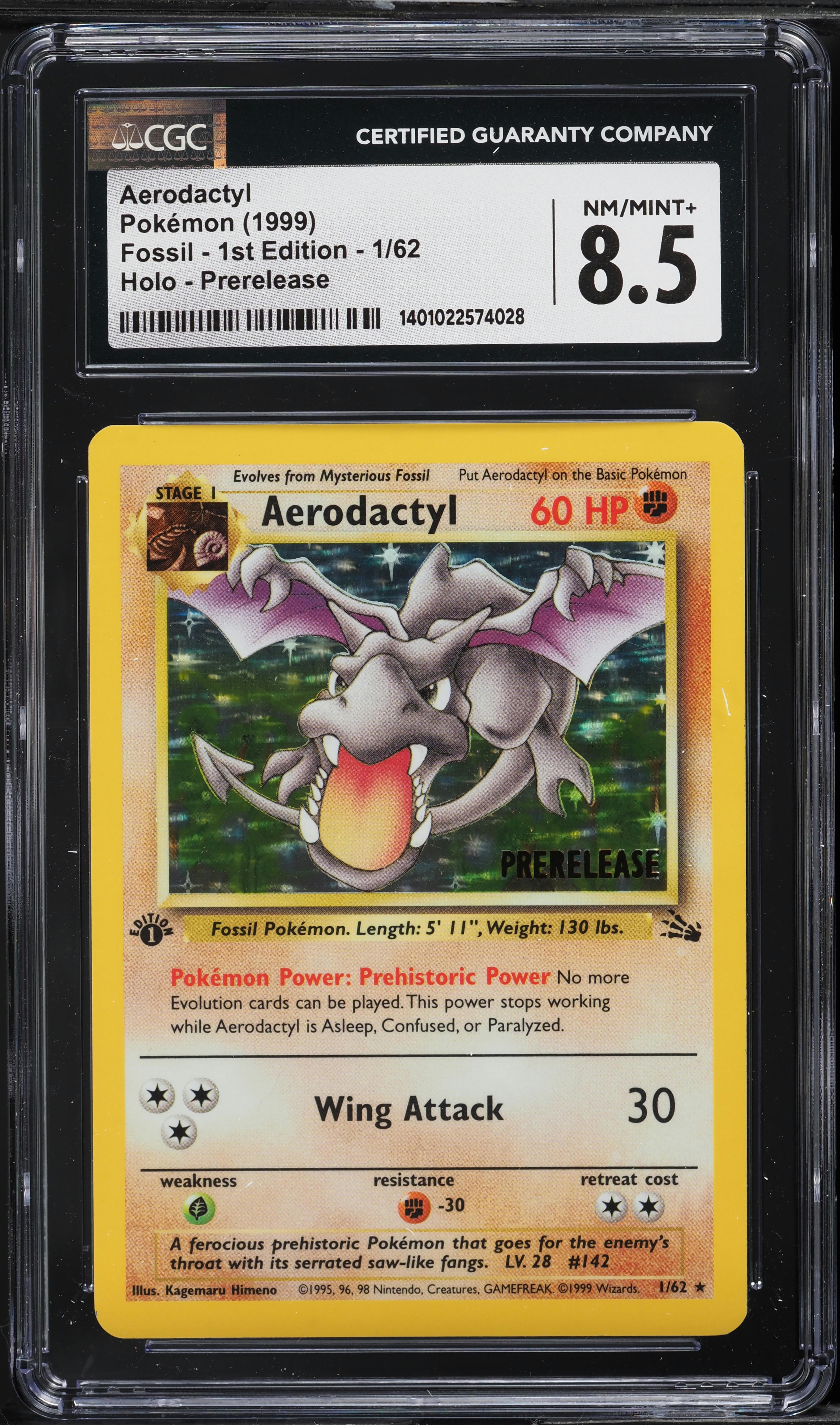 1999 Pokemon Fossil 1st Edition Prerelease Holo Aerodactyl #1 CGC 8.5 NM-MT+