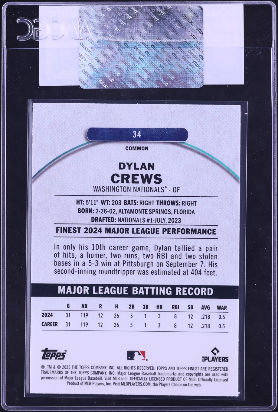 2025 Finest Dylan Crews ROOKIE #34 CGC AUTH