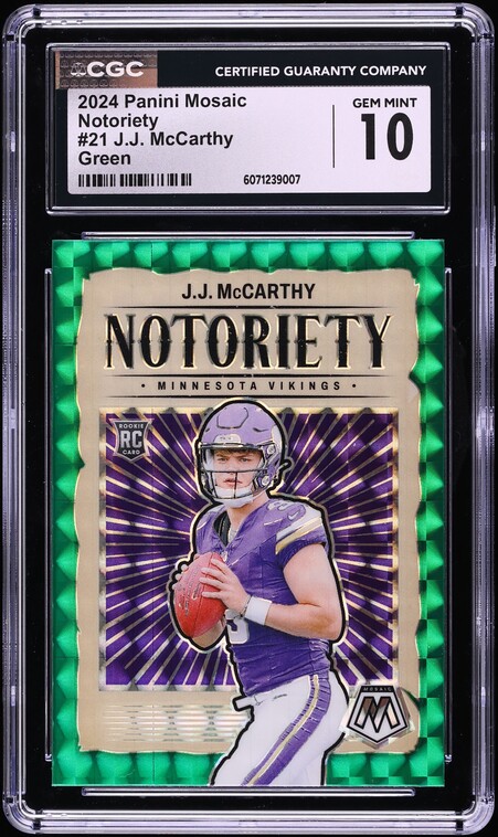 2024 Panini Mosaic Notoriety Green J.J. McCarthy ROOKIE #21 CGC 10 GEM MINT