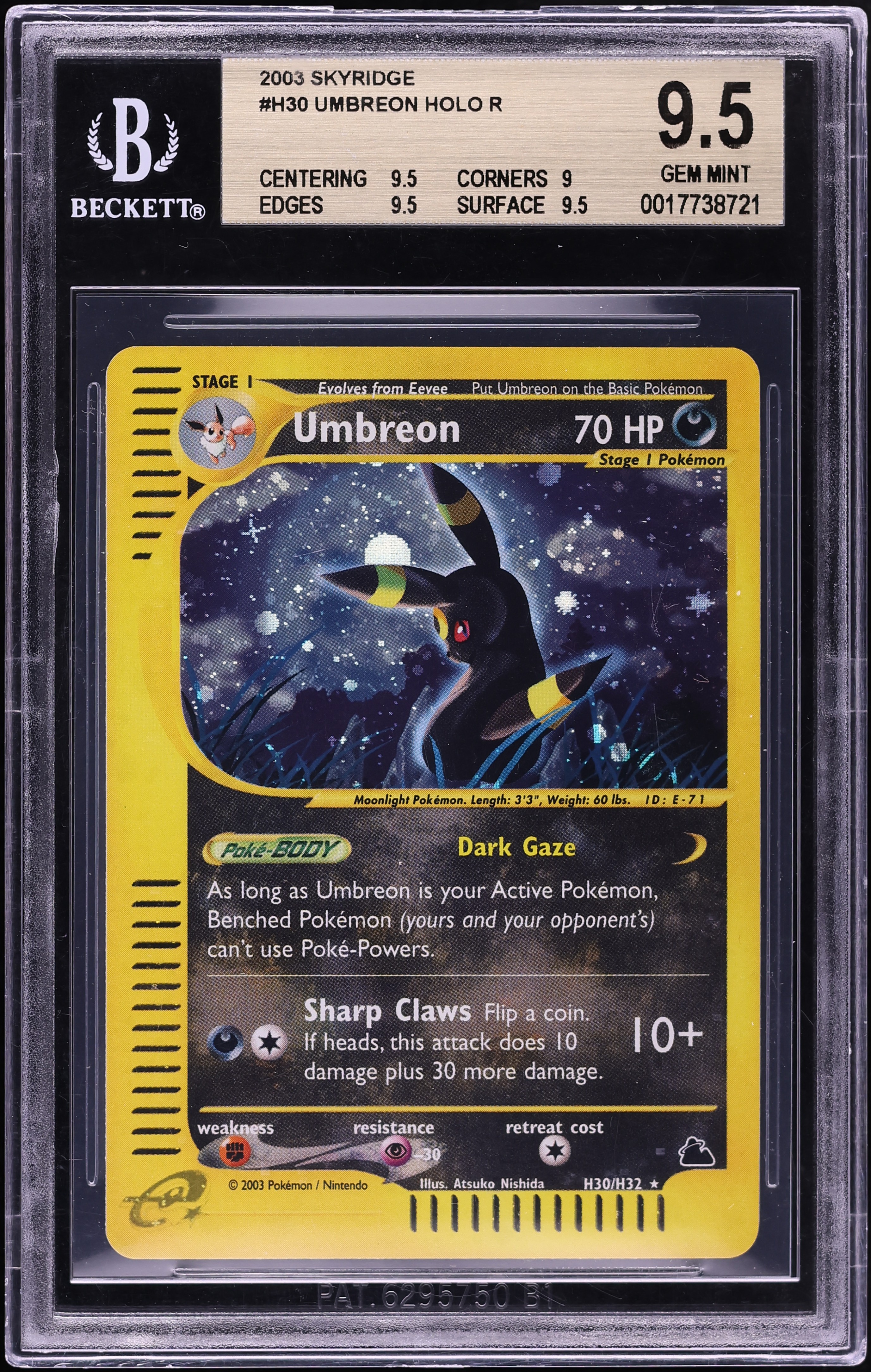 2003 Pokemon Skyridge Holo Umbreon #H30 BGS 9.5 GEM MINT