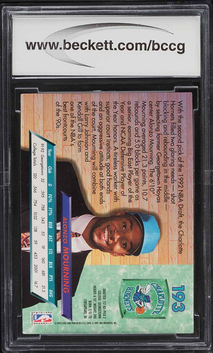 1992 Ultra Basketball Alonzo Mourning ROOKIE #193 BCCG 10