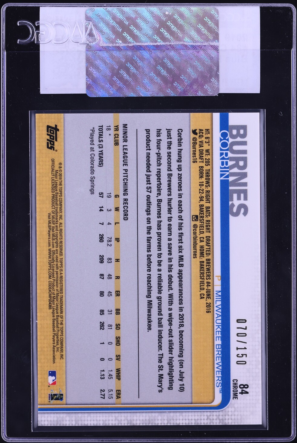 2019 Topps Chrome Blue Refractor Corbin Burnes ROOKIE /150 #84 CGC AUTH