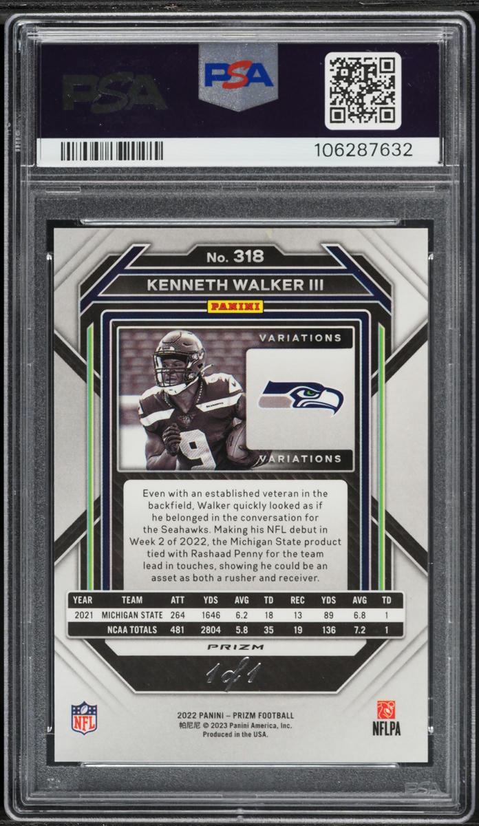 2022 Panini Prizm Black Finite Kenneth Walker III ROOKIE 1/1 #318 PSA 9 MINT