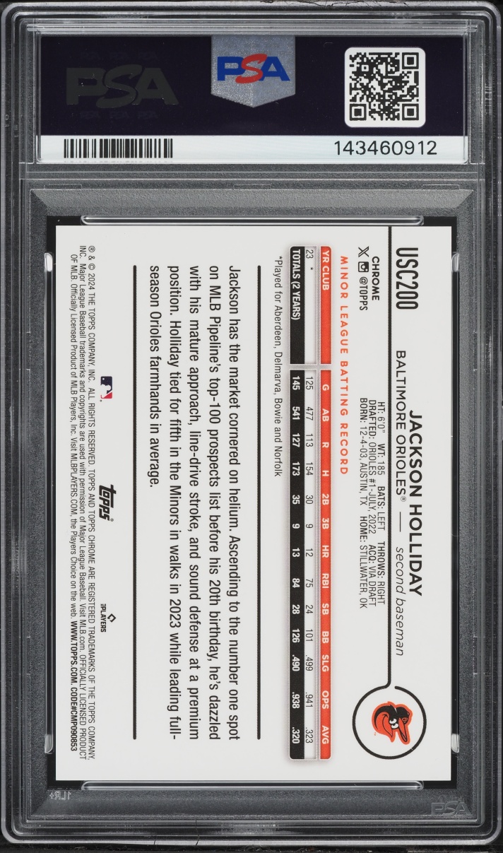 2024 Topps Chrome Update Gold Speckle Jackson Holliday SP ROOKIE /50 #USC200 PSA 9 MINT
