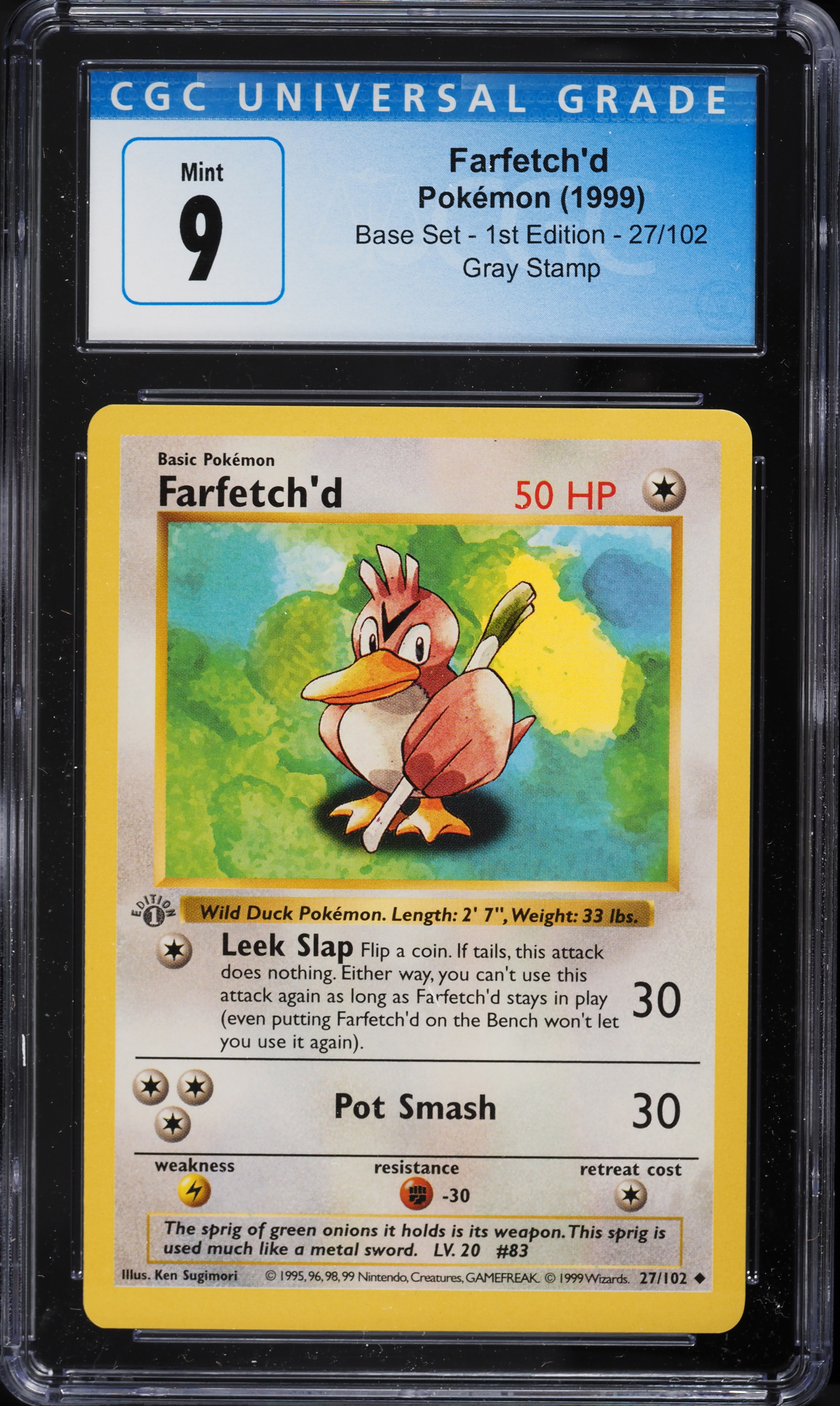 1999 Pokemon Base Set Shadowless 1st Edition Gray Stamp Farfetch'd #27 CGC 9 MINT