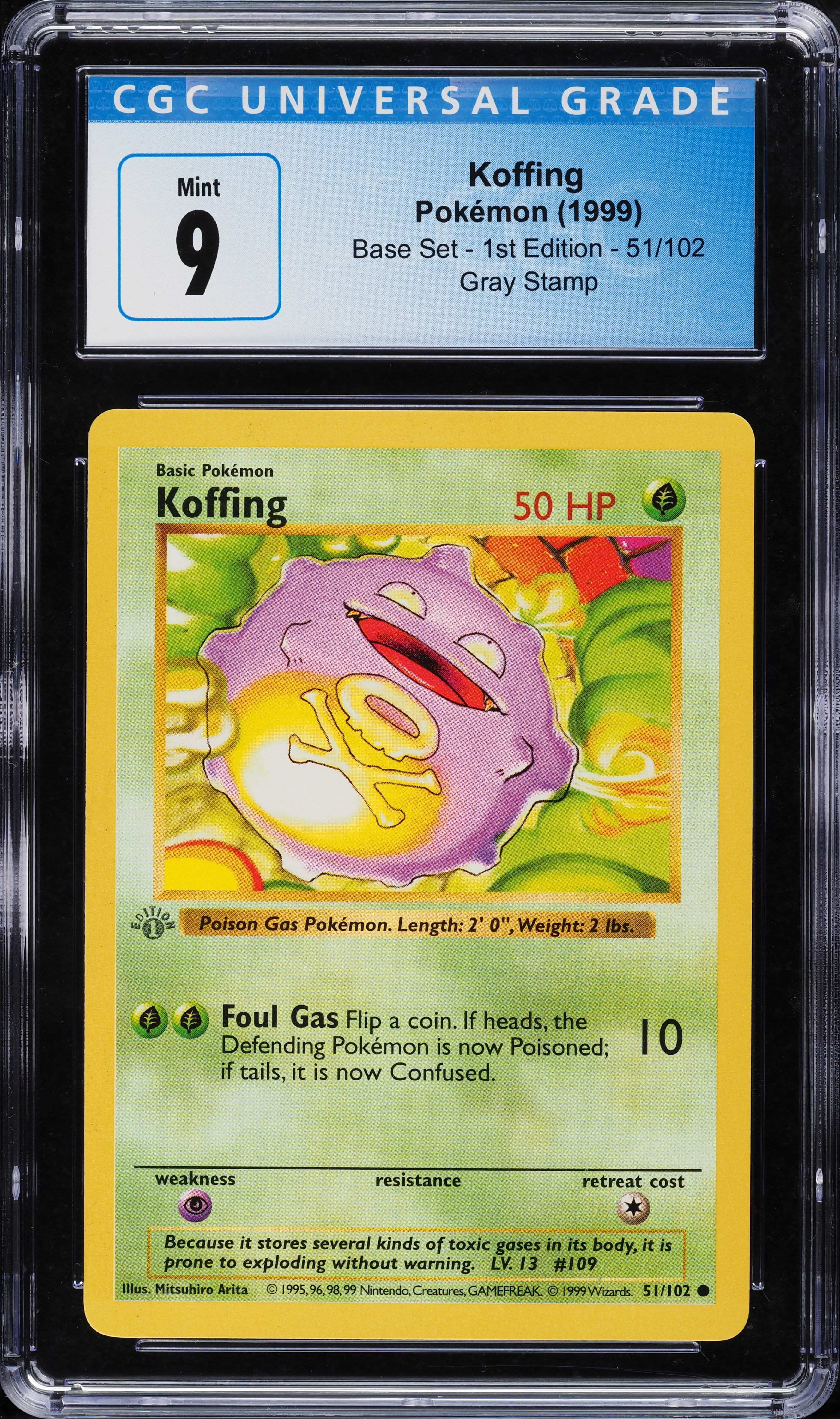 1999 Pokemon Base Set Shadowless 1st Edition Gray Stamp Koffing #51 CGC 9 MINT