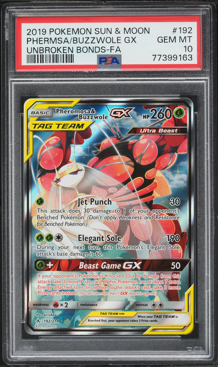 2019 Pokemon Sun & Moon Unbroken Bonds Full Art Pheromosa & Buzzwole GX #192 PSA 10 GEM MINT