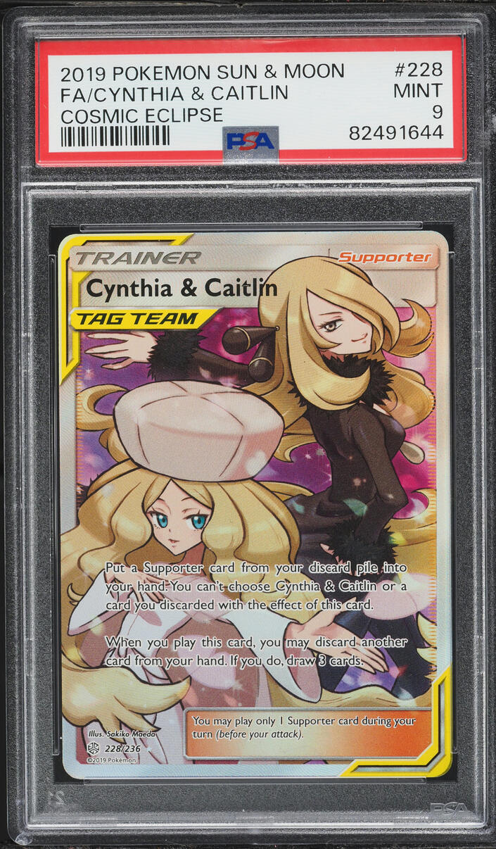 2019 Pokemon Sun & Moon Cosmic Eclipse Full Art Cynthia & Caitlin #228 PSA 9 MINT