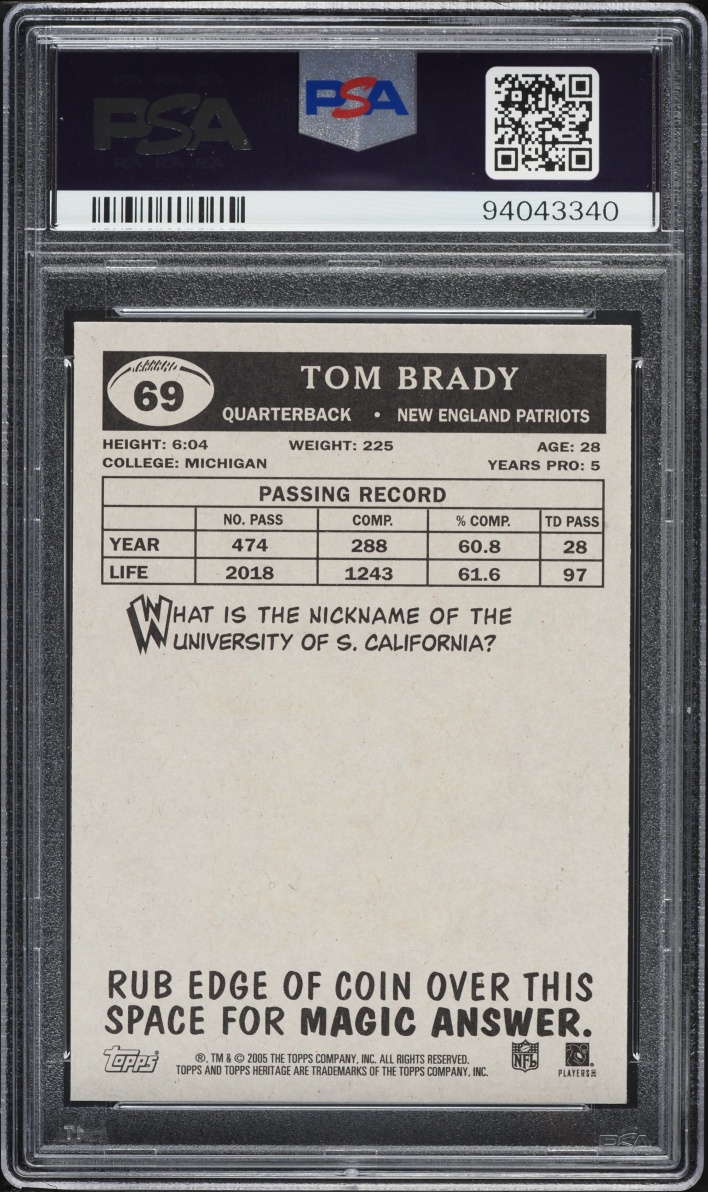 2005 Topps Heritage TB12 Collection Tom Brady AUTO DNA 10 #69 PSA 9 MINT