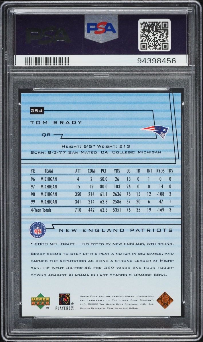 2000 Upper Deck TB12 Collection Tom Brady ROOKIE AUTO DNA 10 #254 PSA AUTH