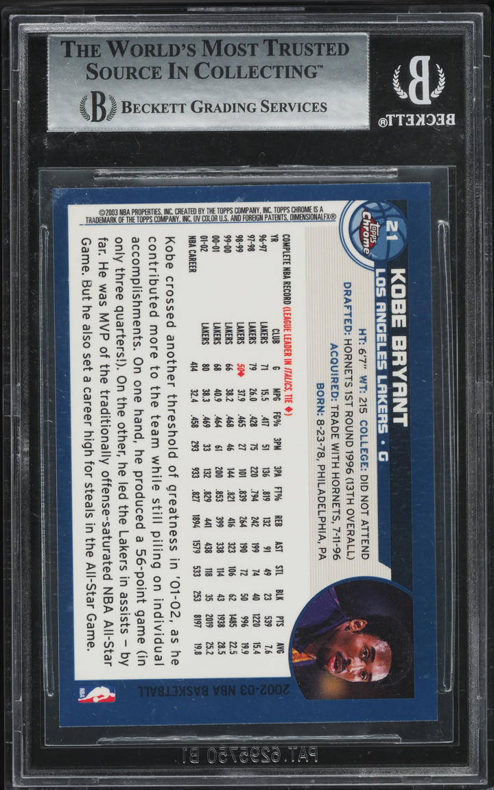 2002 Topps Chrome Basketball Kobe Bryant #21 BGS 8.5 NM-MT+