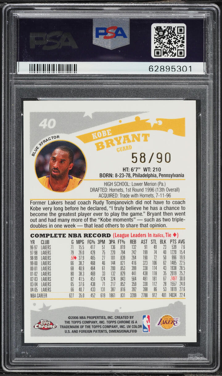2005 Topps Chrome Blue Xfractor Kobe Bryant /90 #40 PSA 9 MINT - Photo 2