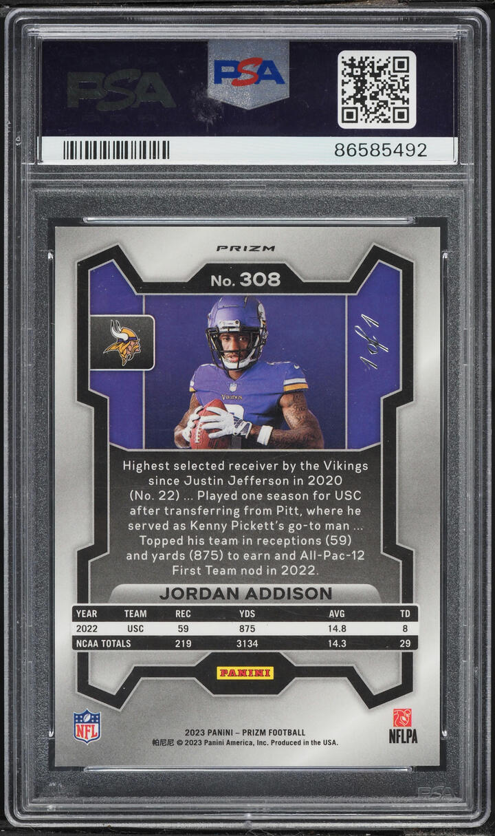2023 Panini Prizm Variation Black Finite Jordan Addison ROOKIE 1/1 #308 PSA 9 MINT - Photo 2