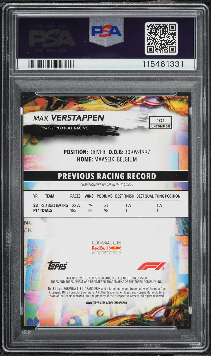2024 Finest Formula 1 F1 Gold Refractor Max Verstappen /25 #101 PSA 9 MINT - Photo 2