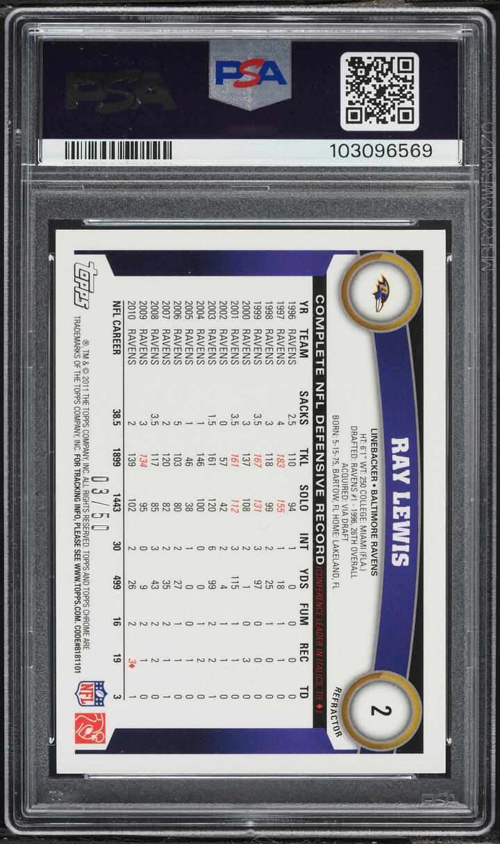 2011 Topps Chrome Gold Refractor Ray Lewis /50 #2 PSA 9 MINT - Photo 2