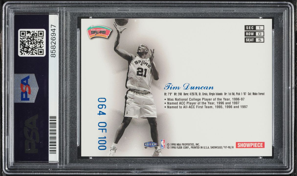 1997 Flair Showcase Row 0 Tim Duncan ROOKIE /100 #5 PSA 7 NRMT - Photo 2