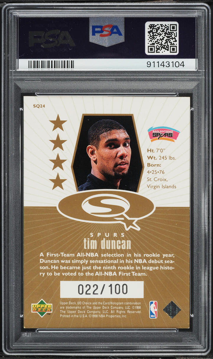 1998 Upper Deck Choice Starquest Gold Tim Duncan /100 #SQ24 PSA 5 EX - Photo 2