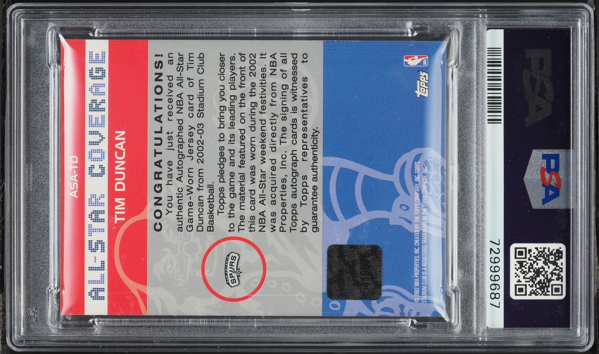 2002 Stadium Club All-Star Coverage Tim Duncan GAME-USED PATCH AUTO /25 #ASATD PSA 8 NM-MT - Photo 2
