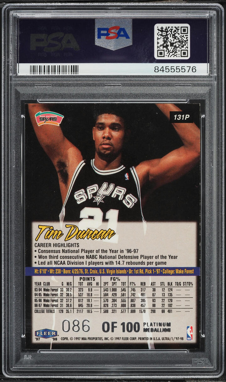 1997 Ultra Platinum Medallion Tim Duncan ROOKIE /100 #131P PSA 7 NRMT - Photo 2