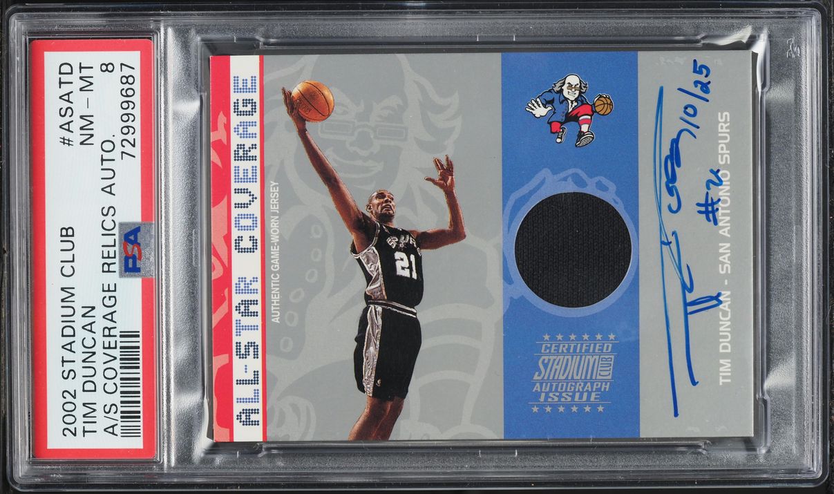 2002 Stadium Club All-Star Coverage Tim Duncan GAME-USED PATCH AUTO /25 #ASATD PSA 8 NM-MT - Photo 1