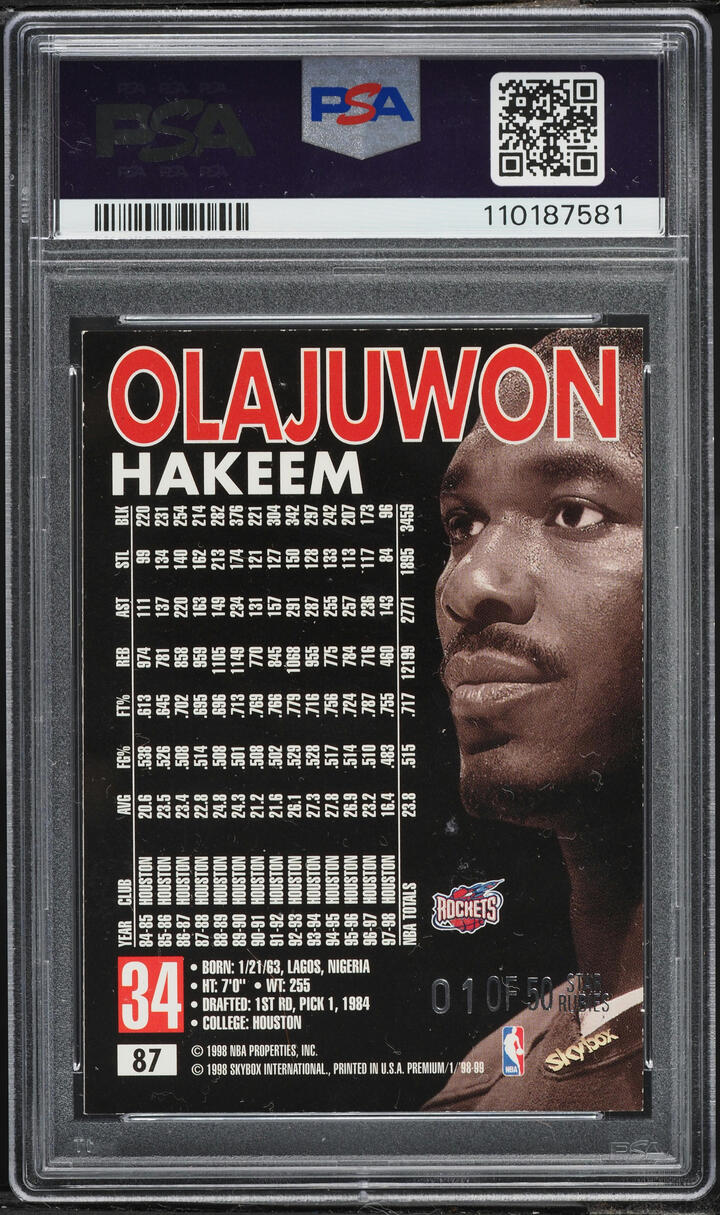 1998 Skybox Premium Star Rubies Hakeem Olajuwon 1/50 #87 PSA 6 EXMT - Photo 2