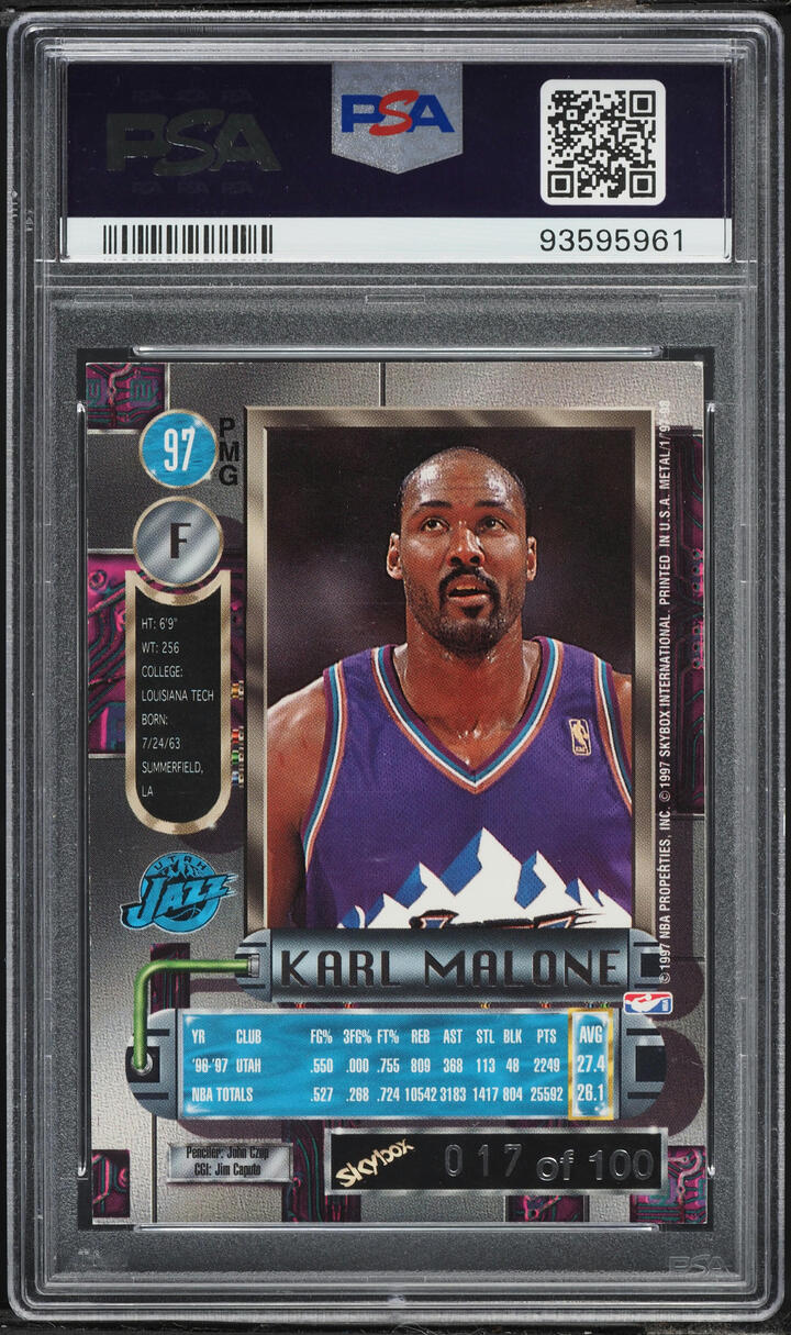 1997 Metal Universe Precious Metal Gems PMG Red Karl Malone /100 #97 PSA 6 EXMT - Photo 2
