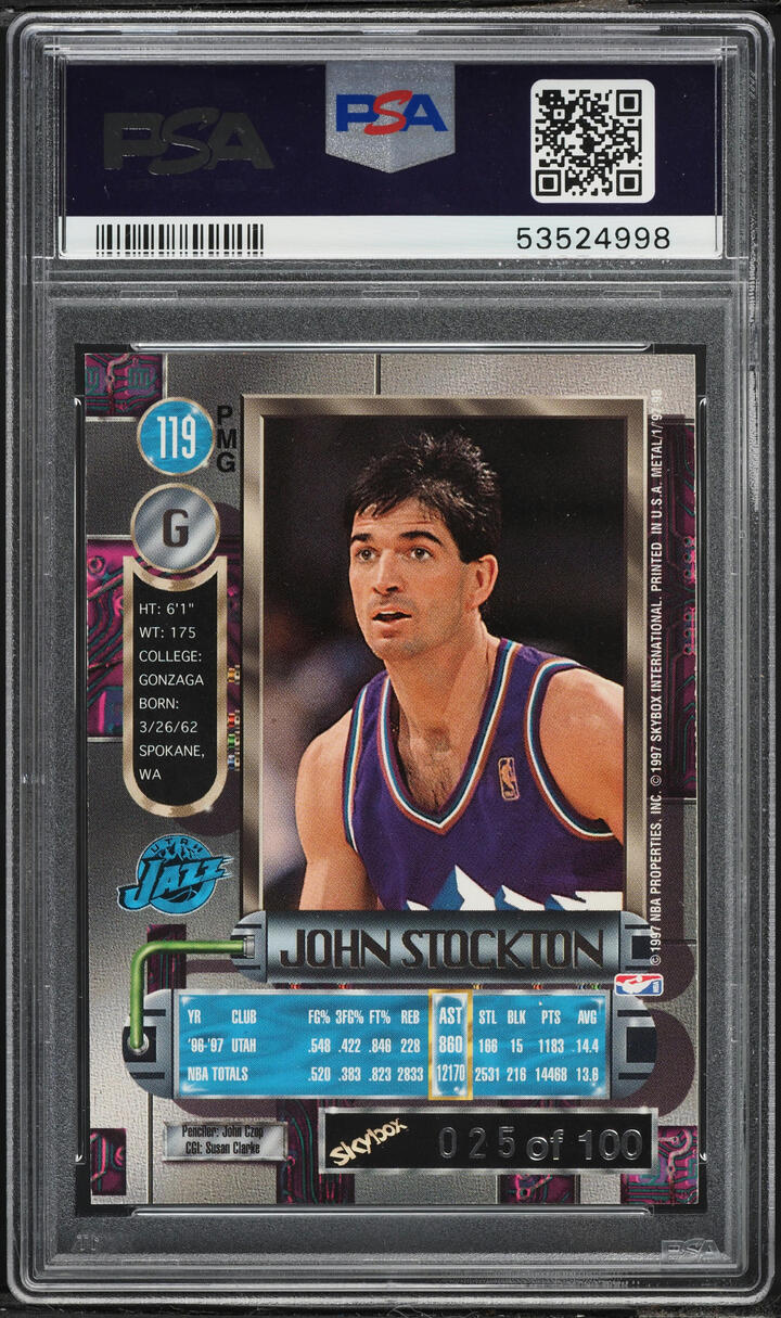 1997 Metal Universe Precious Metal Gems PMG Red John Stockton /100 #119 PSA 6 EXMT - Photo 2