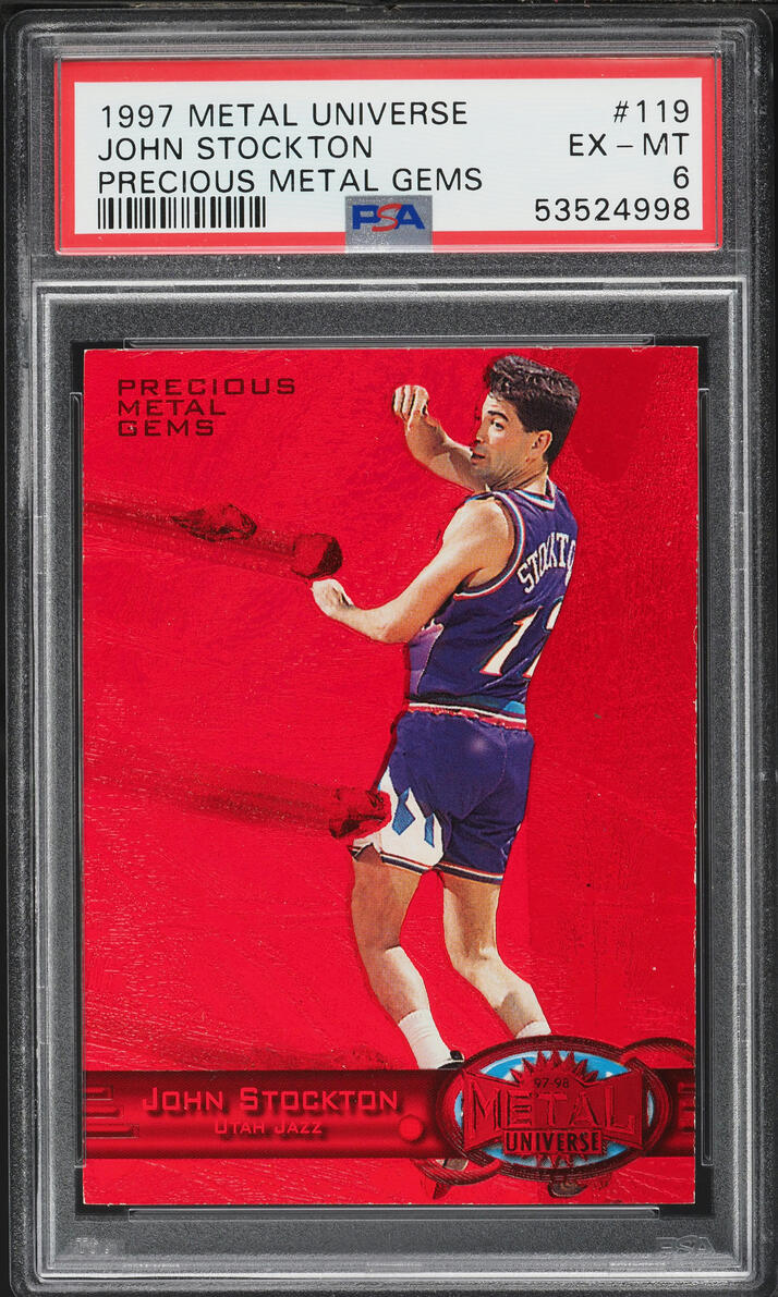 1997 Metal Universe Precious Metal Gems PMG Red John Stockton /100 #119 PSA 6 EXMT - Photo 1