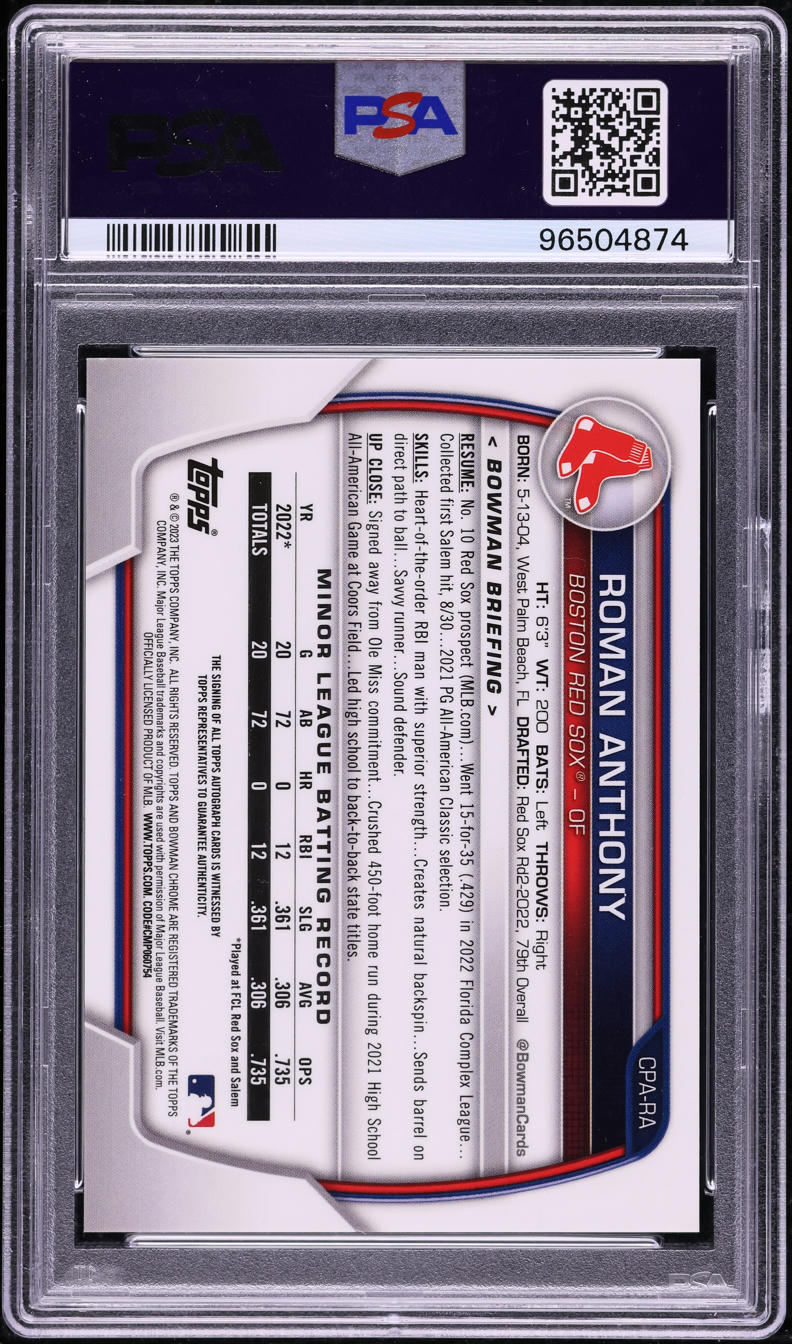 2023 Bowman Chrome Orange Refractor Roman Anthony PROSPECT AUTO /25 PSA 10