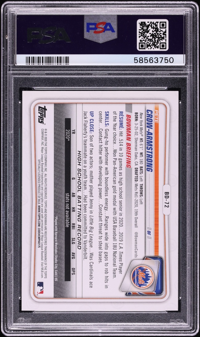 2020 Bowman Draft Pete Crow-Armstrong PROSPECT #BD-72 PSA 10 GEM MINT