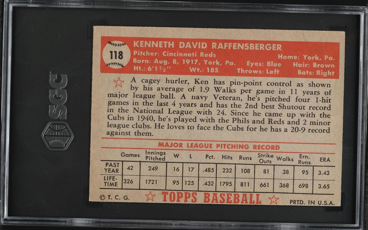 1952 Topps Ken Raffensberger #118 SGC 4 VGEX