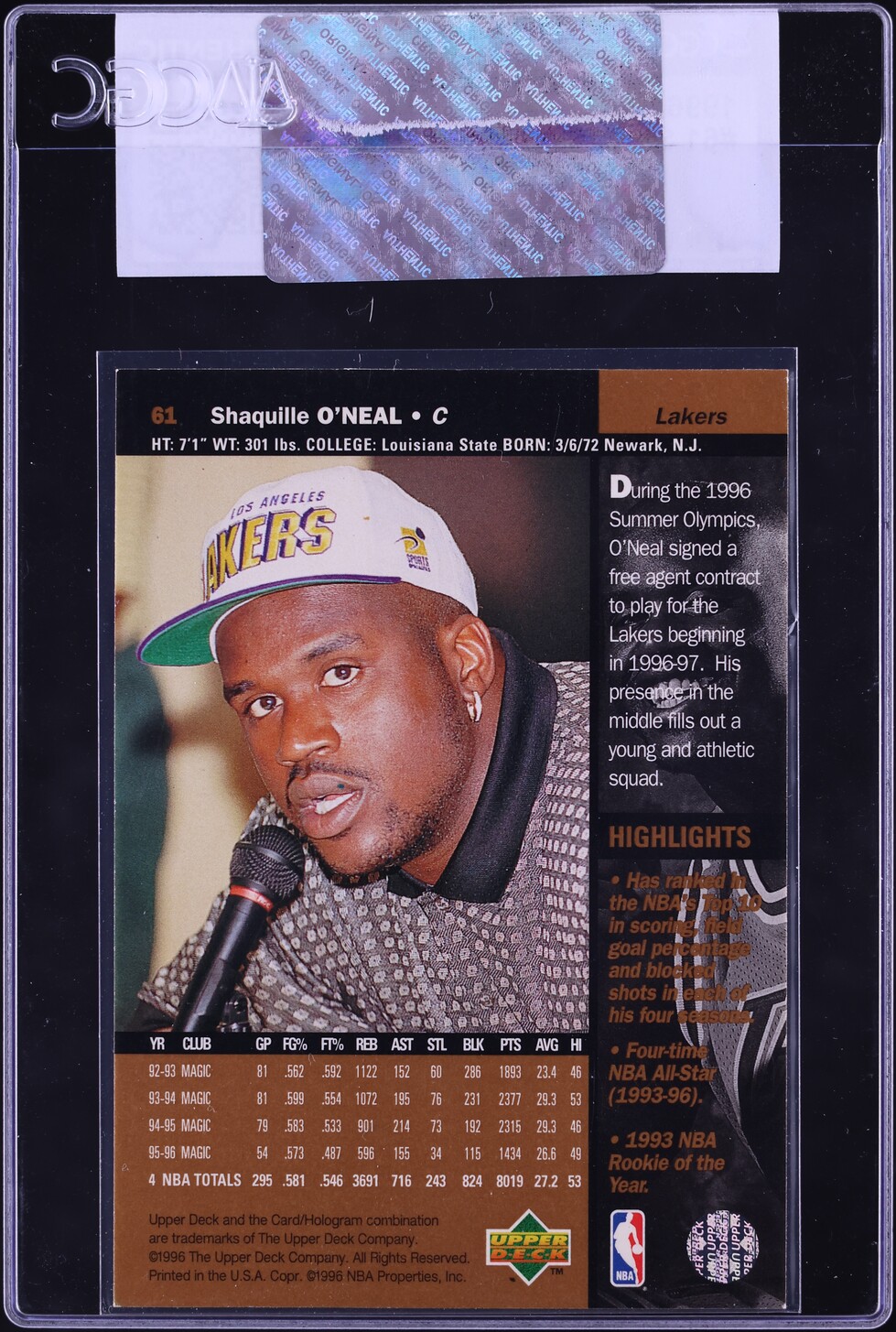 1996 Upper Deck Basketball Shaquille O'Neal #61 CGC AUTH