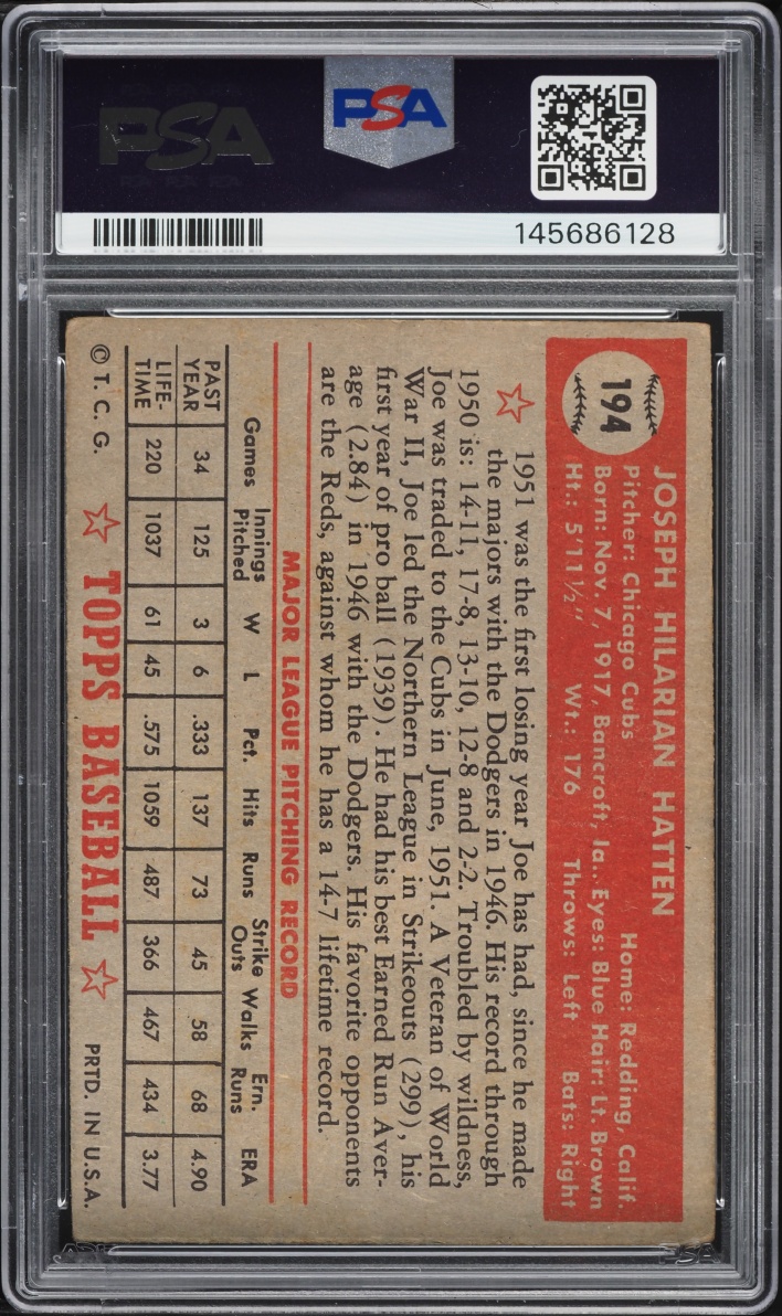 1952 Topps Joe Hatten #194 PSA 3 VG
