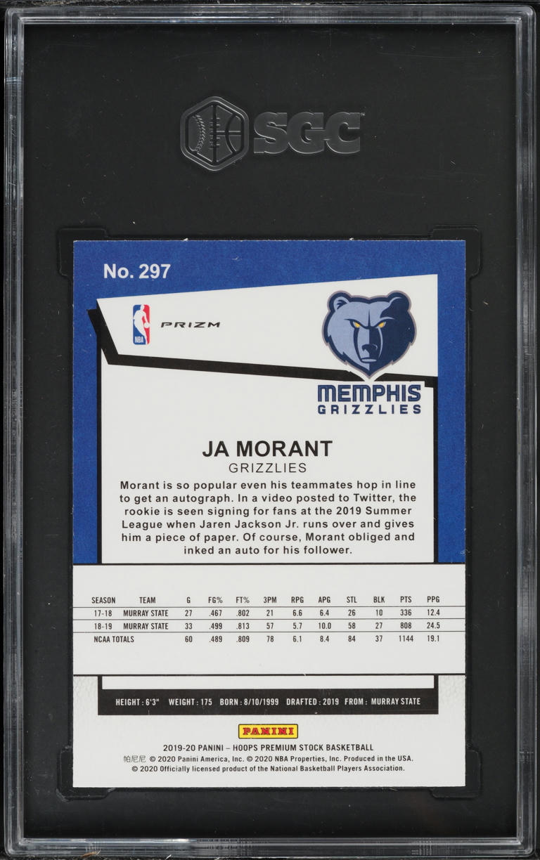 2019 Hoops Premium Stock Tribute Purple Disco Ja Morant ROOKIE #297 SGC 10 GEM